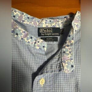 Polo Ralph Lauren Mens 17.5 35/36 Regent Custom Fit Blue Stripe Floral Button UP